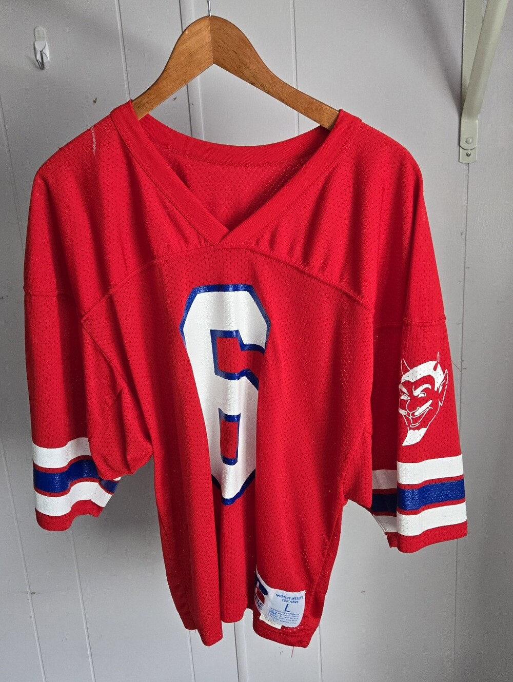 Russell Athletic Red Kids Jersey with White #6 and Blue Trim